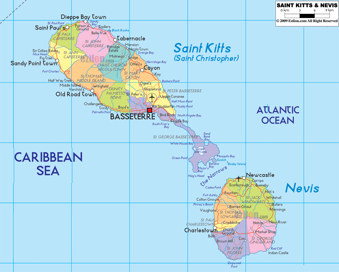 politisch karte von Saint Kitts und Nevis