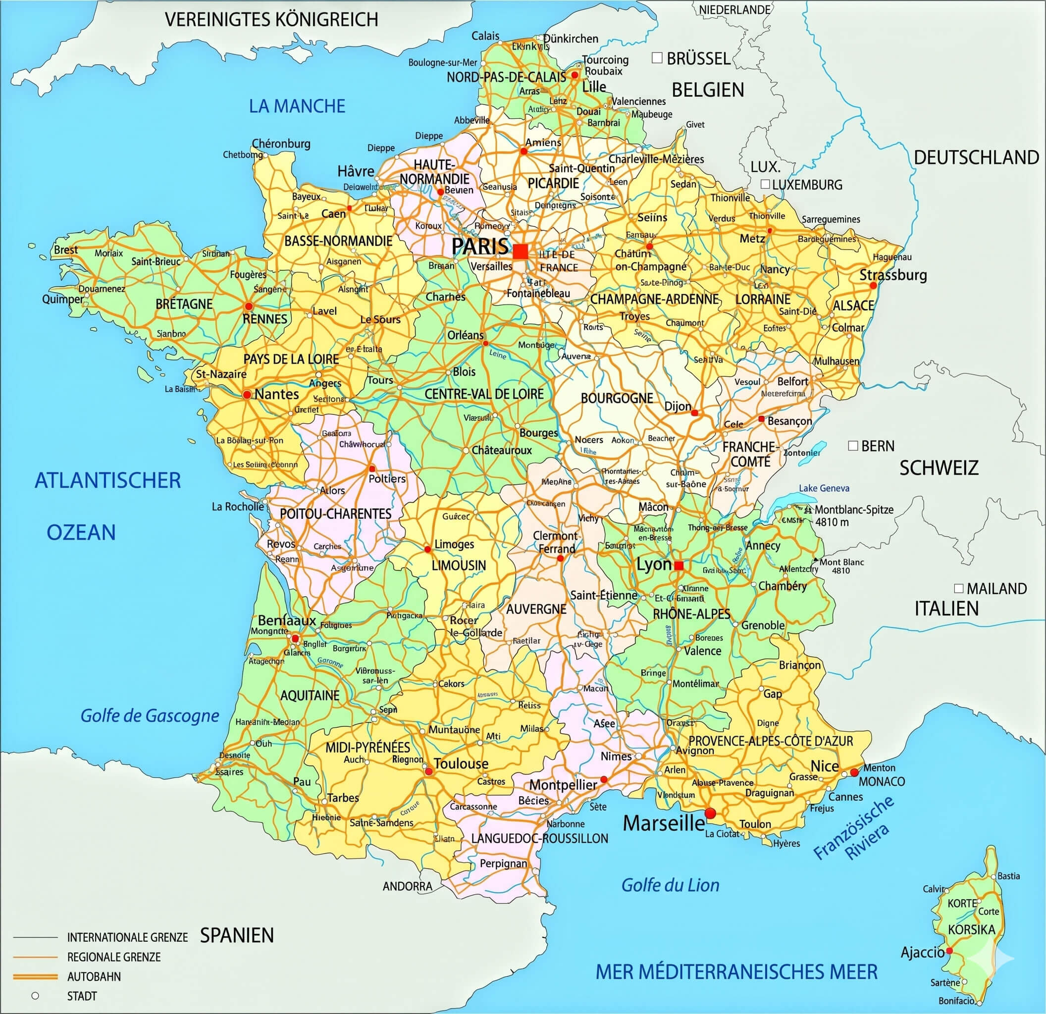 Detailkarte von Frankreich mit strassen und staedten