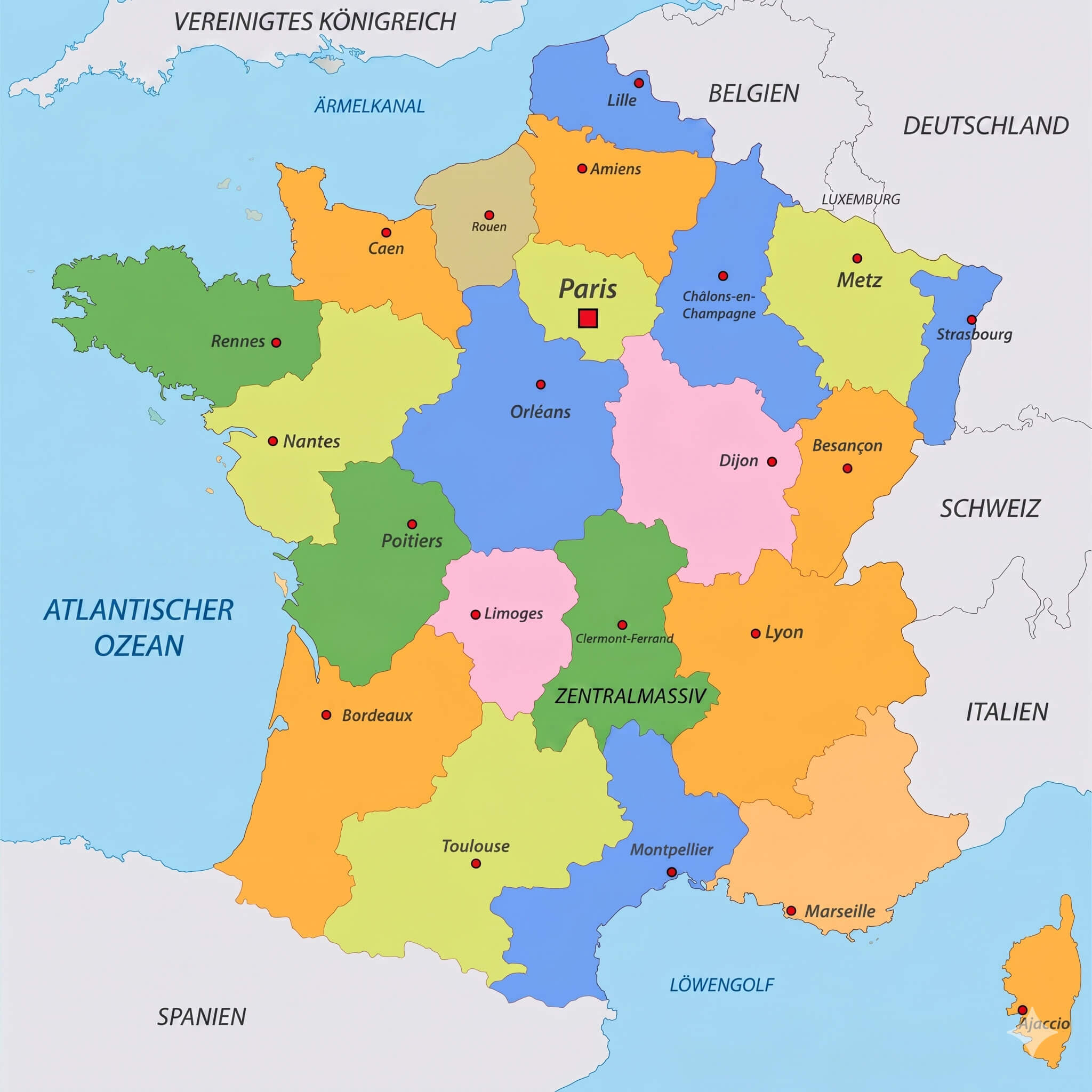 Karte der Frankreich regionen bunt