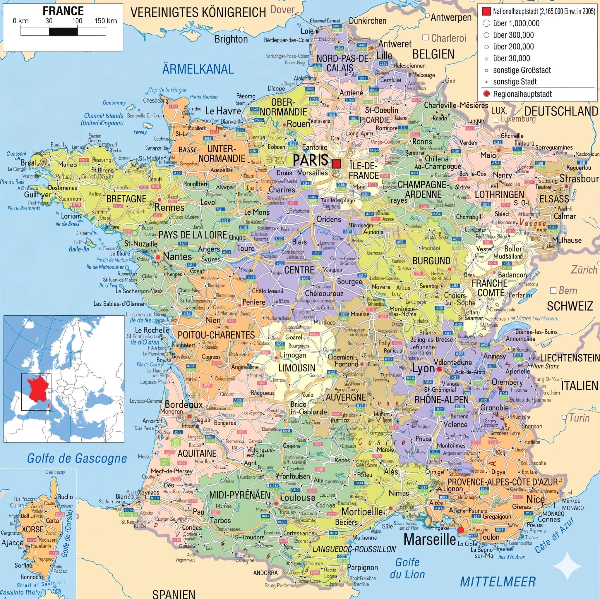 Karte von Frankreich mit staedten und regionen