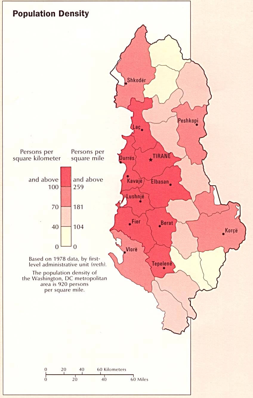 albanien bevolkerung dichte karte 1990
