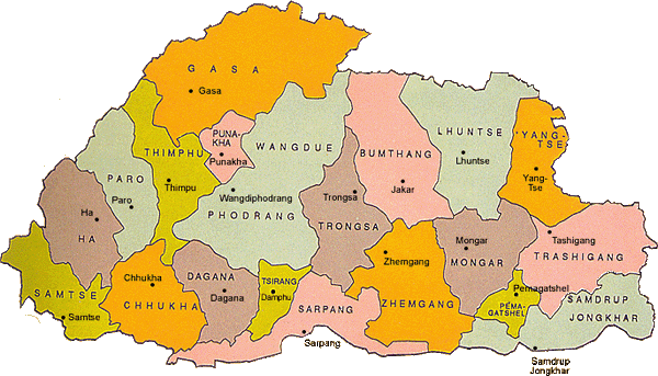 bhutan regionen karte