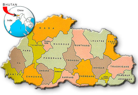 bhutan regionen karte