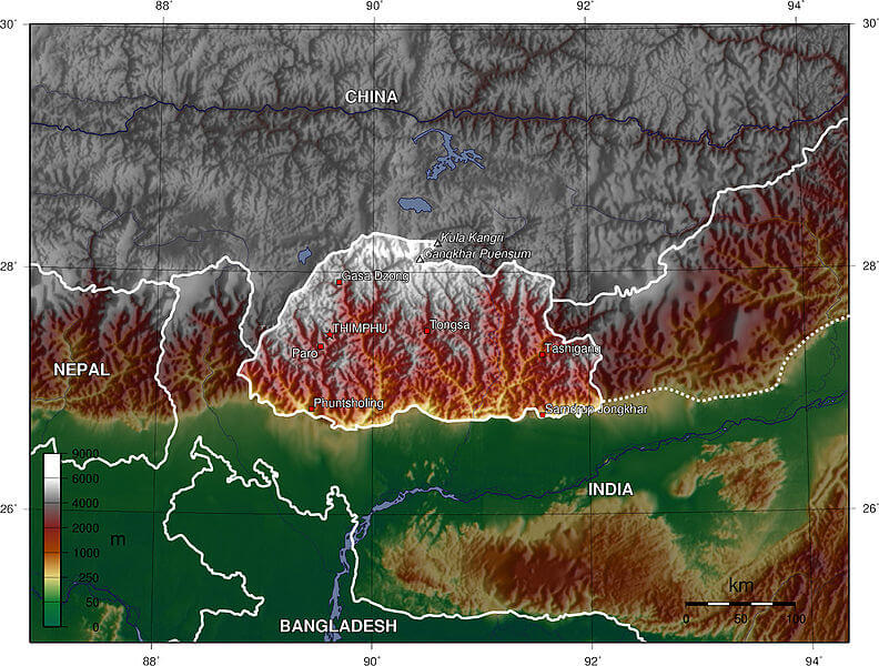 bhutan topographie karte