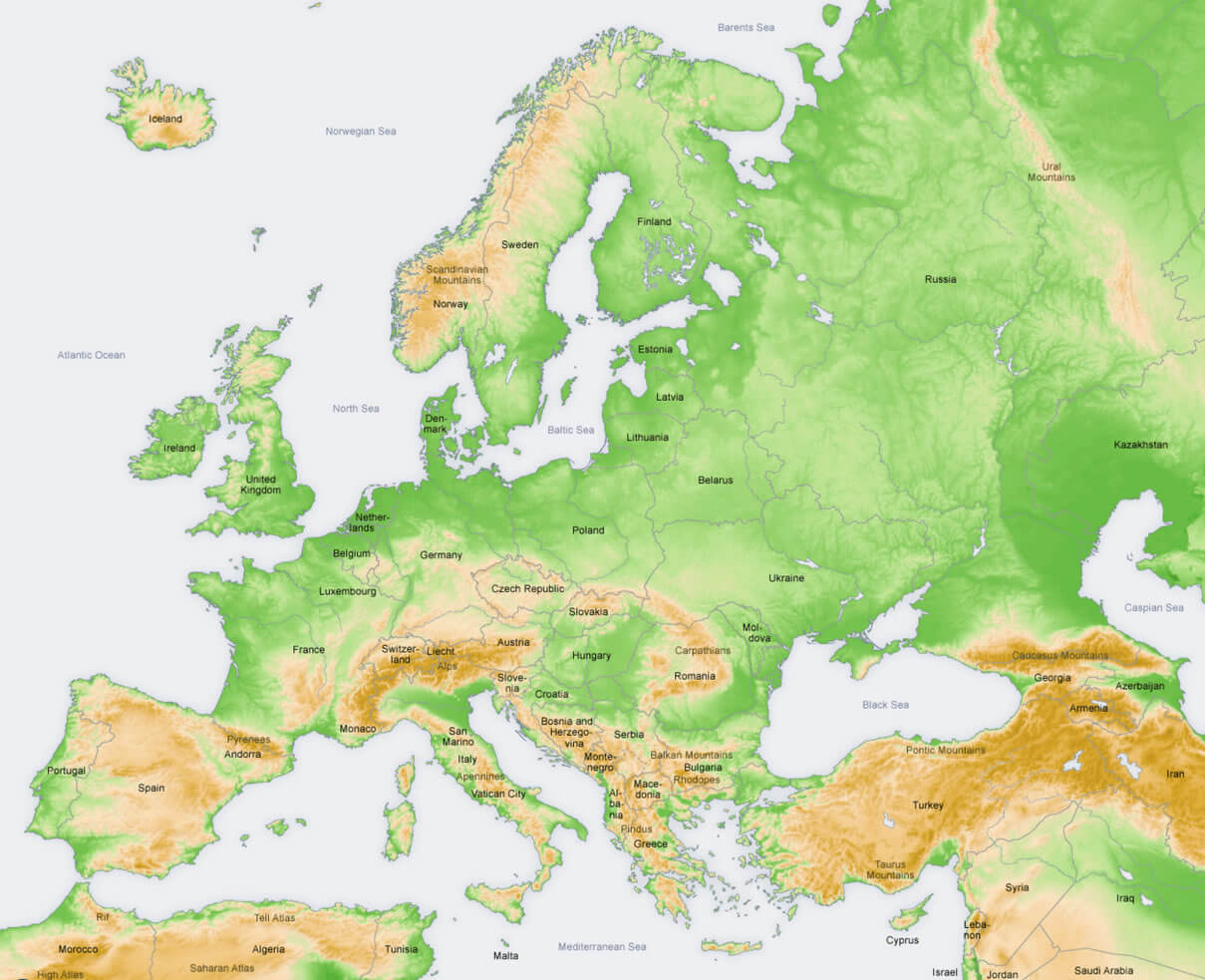 europa topographie karte englisch