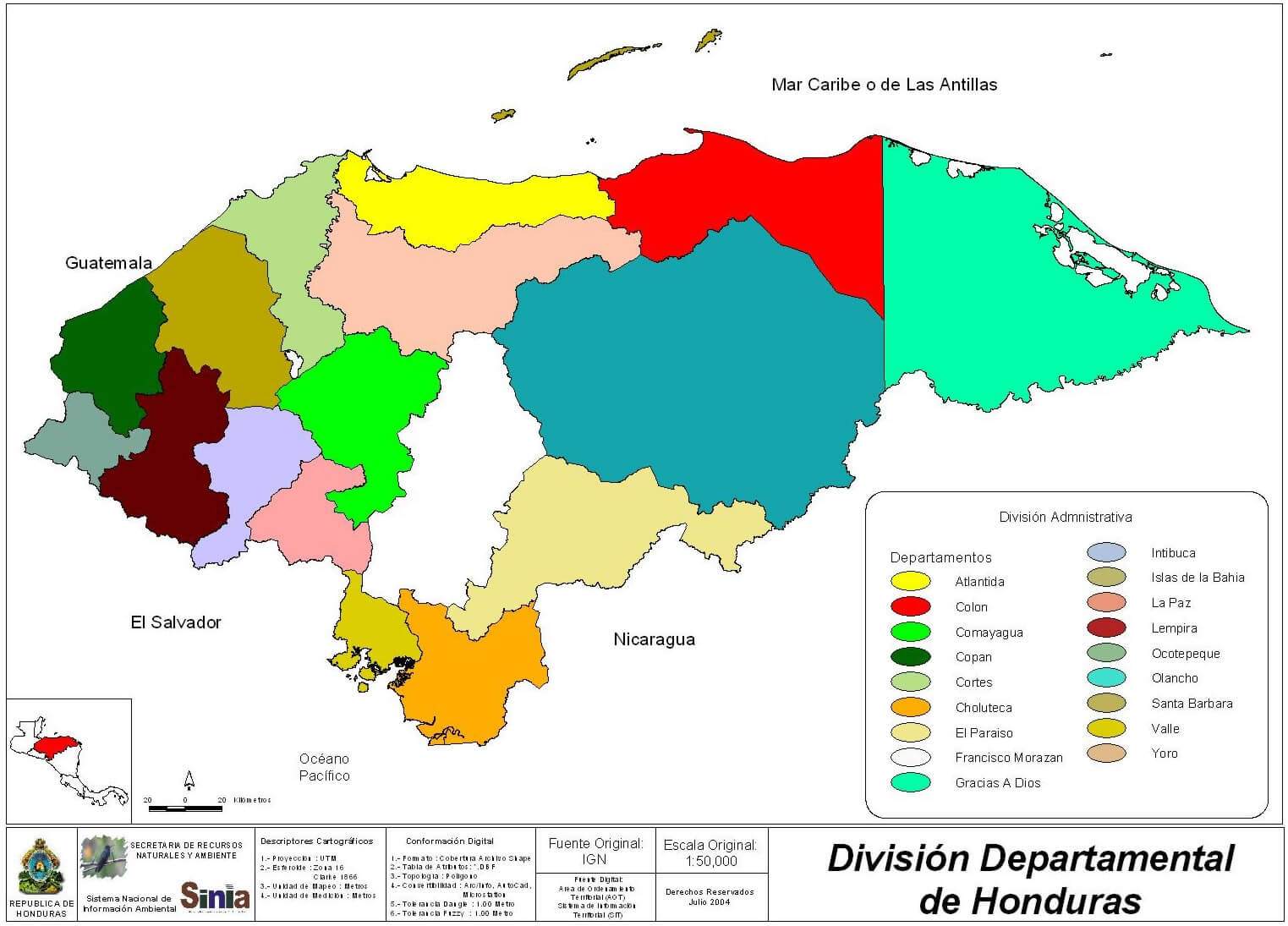 honduras abteilungen division karte 2004