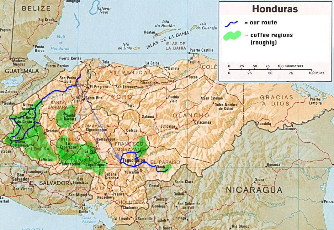 honduras karte kaffee regionen