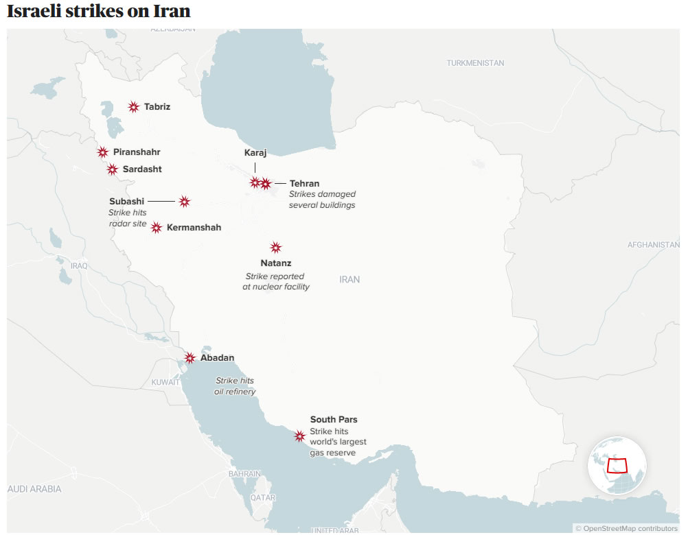 Karte der israelischen Angriffe auf den Iran