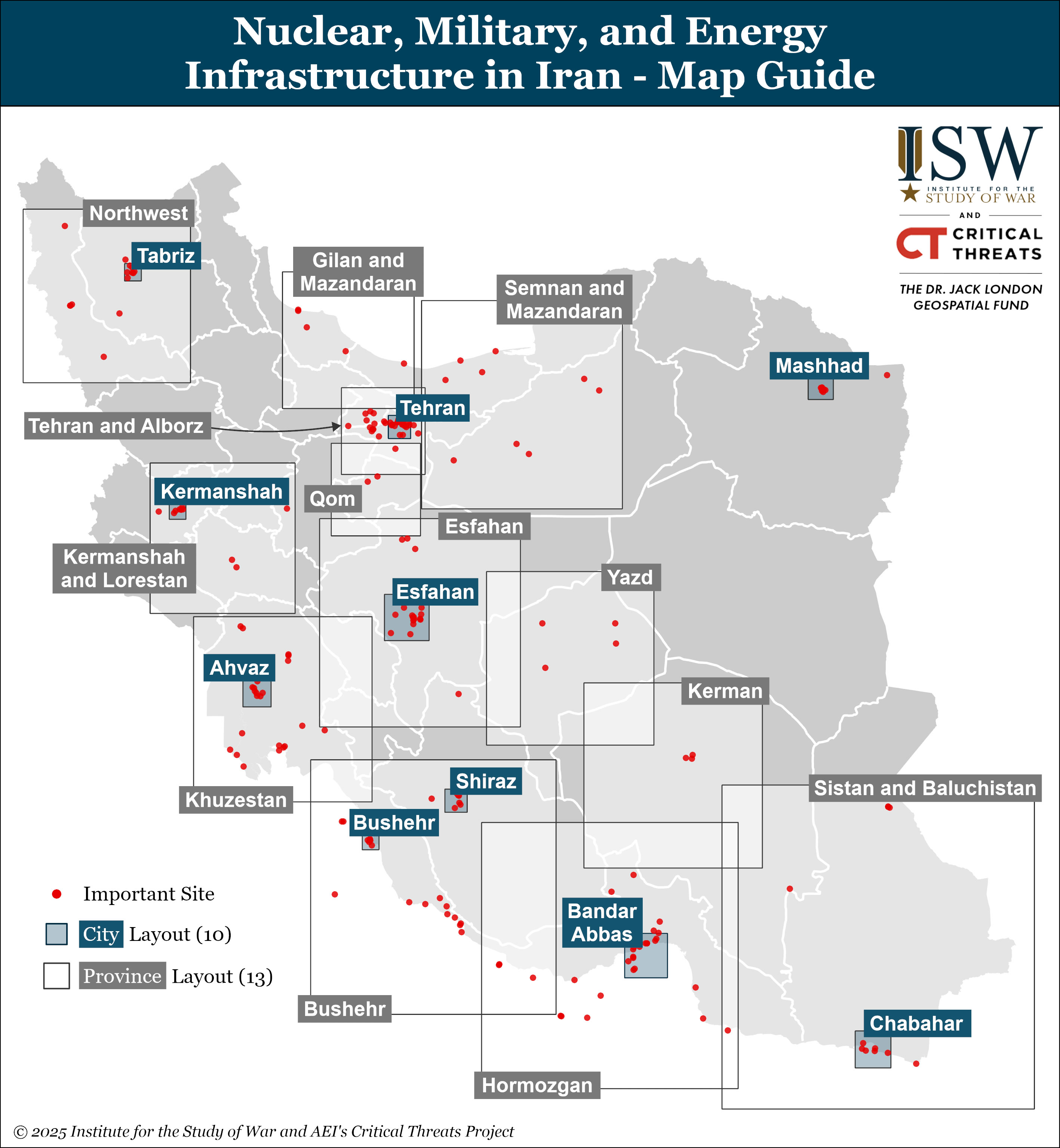 Karte der nuklearen militärischen Energieanlagen im Iran