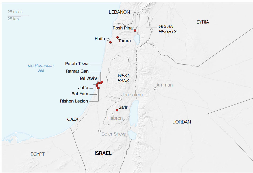 Karte der Orte in Israel, die von iranischen Angriffen getroffen wurden