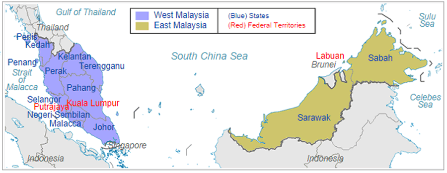 staats federal territories karte von malaiischsia