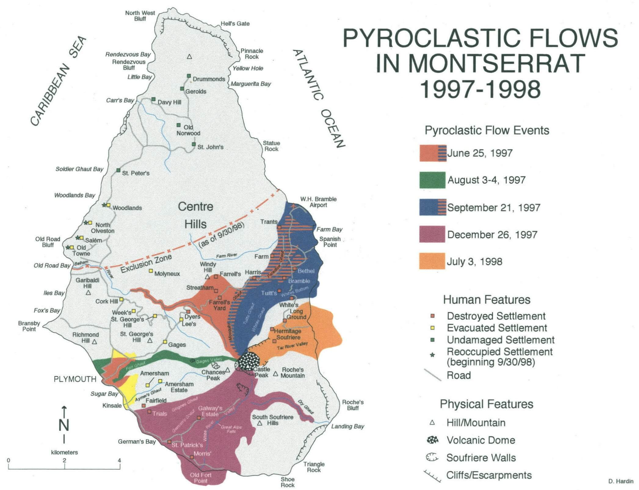 Pyroclastic flows im Montserrat 1997 1998 karte