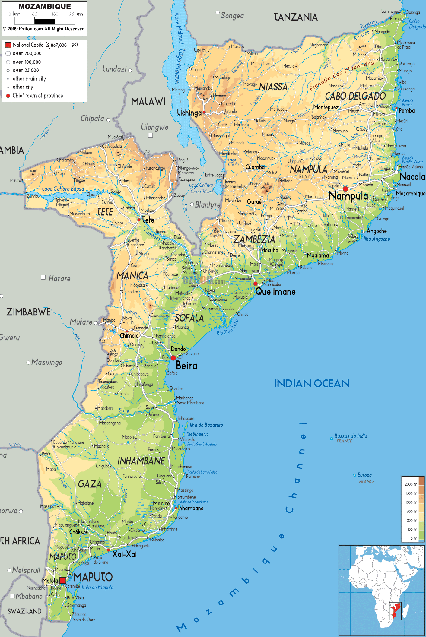 mosambik physikalisch karte
