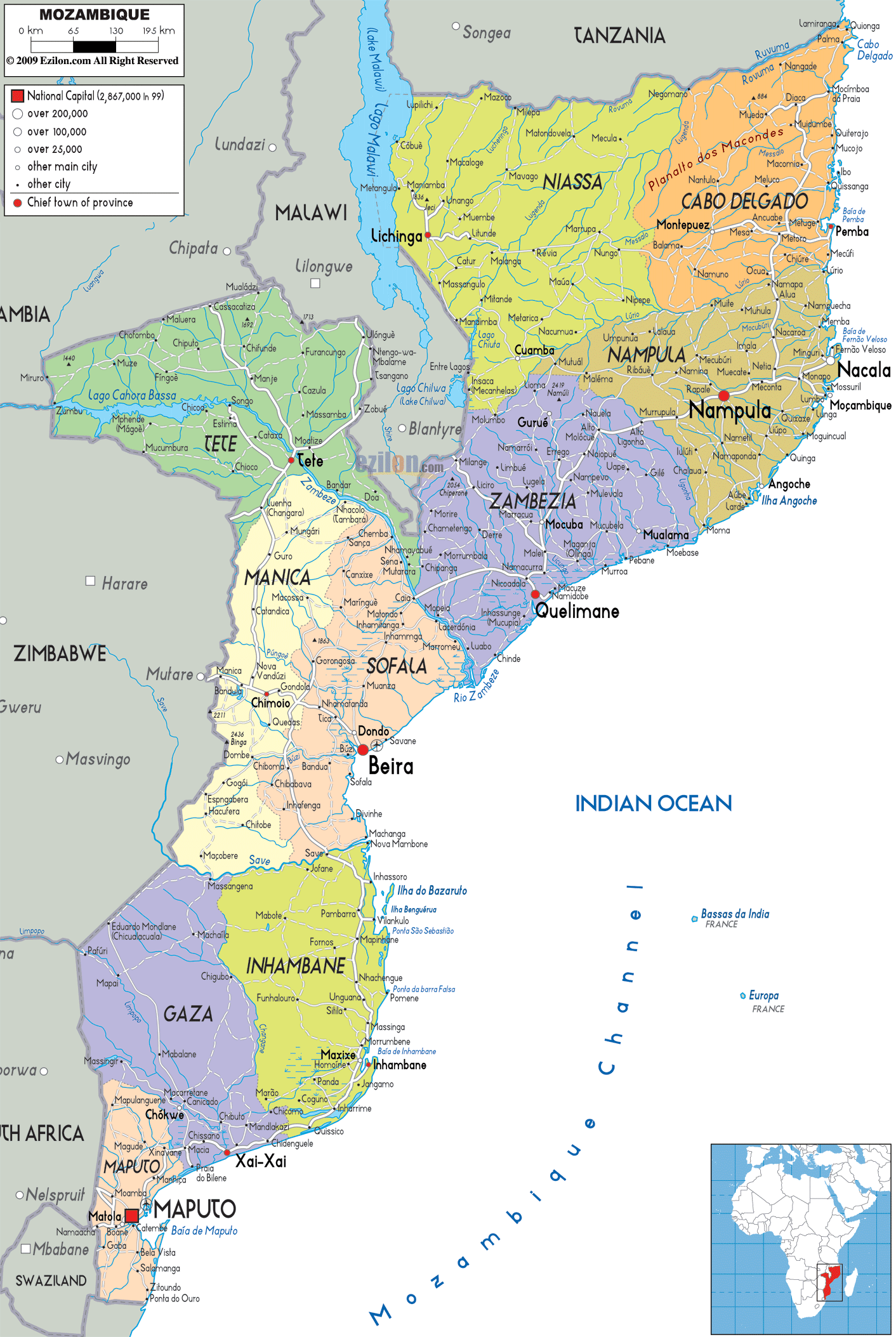 politisch karte von mosambik