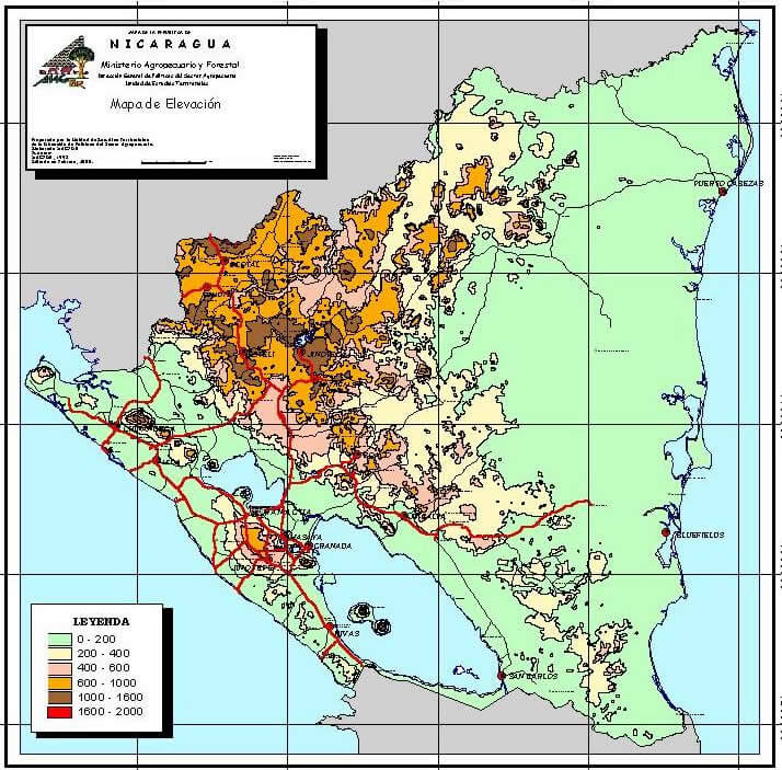 nicaragua elevation karte