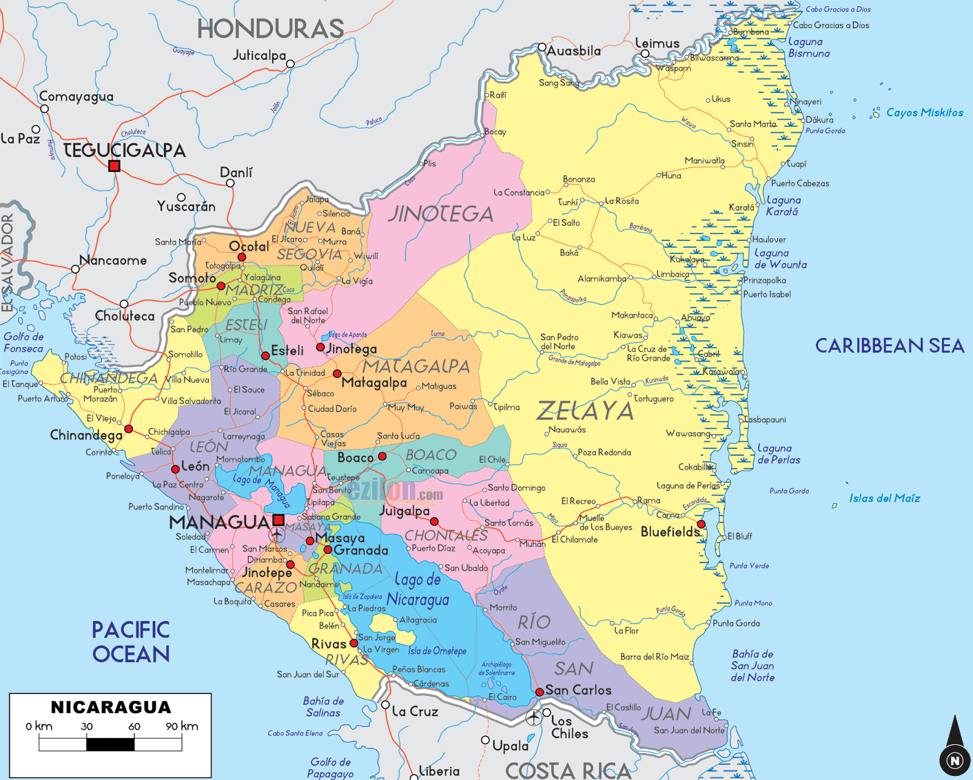 politisch karte von nicaragua