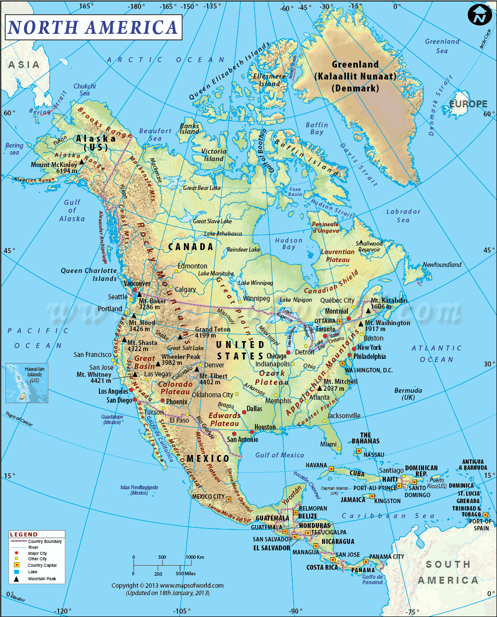 nordlich amerika physikalisch karte mit coutries