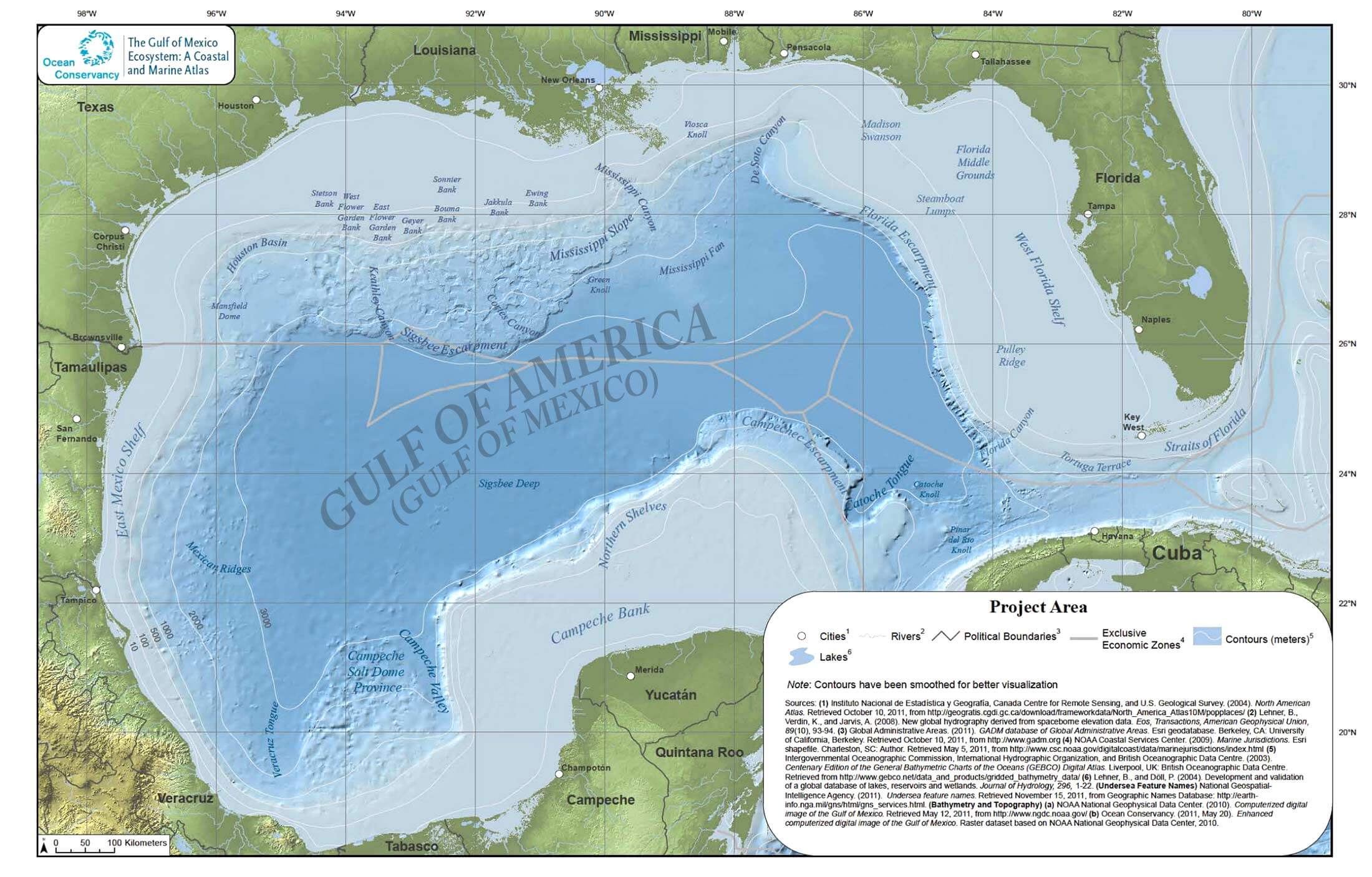 Physische Karte des Golfs von Amerika (Golf von Mexiko) mit Tiefen- und Küstendetails