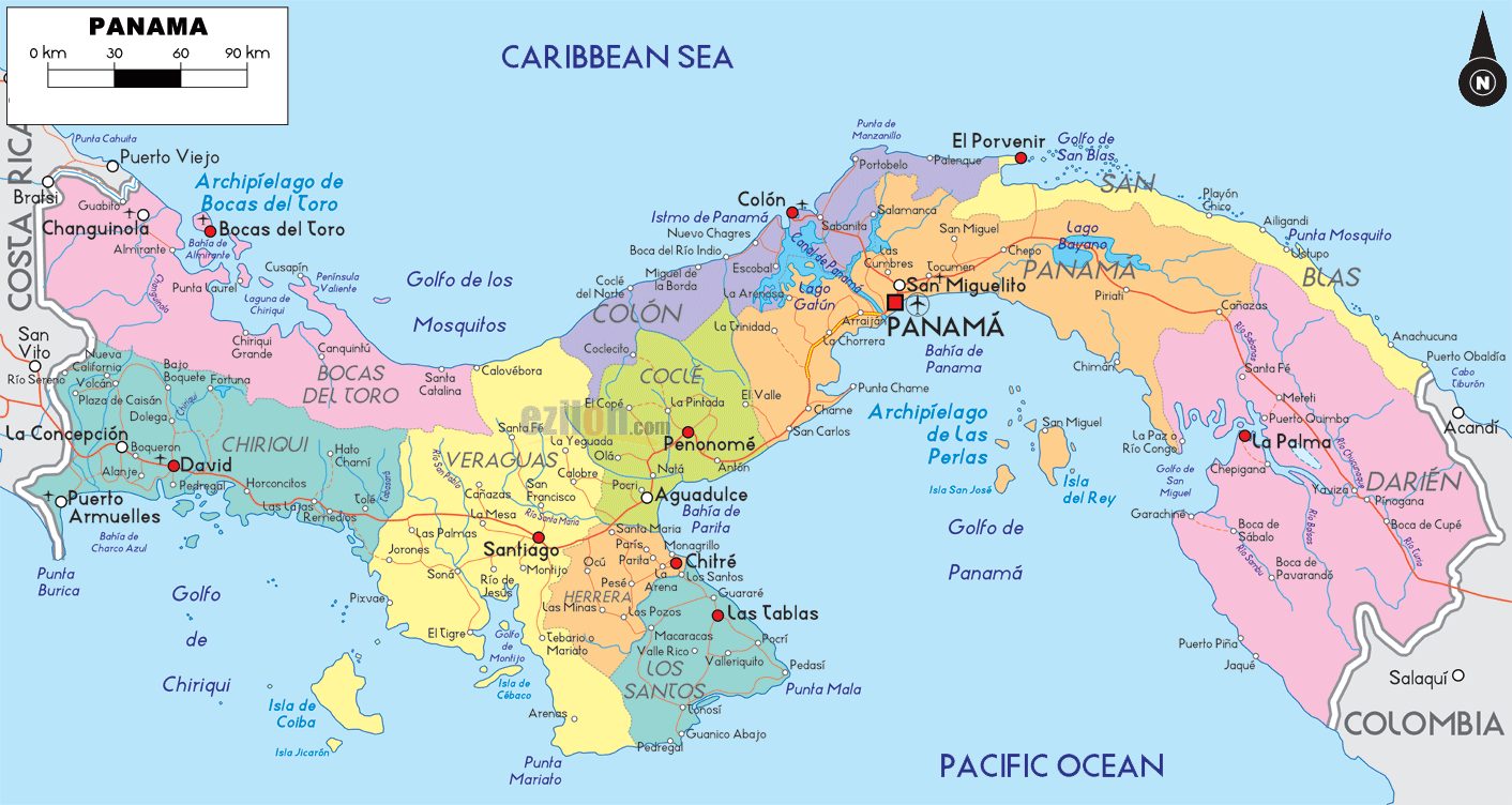 politisch karte von panama karibik meer