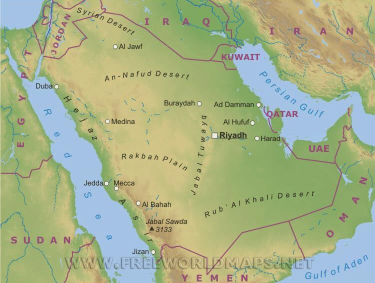 physikalisch karte von saudi arabischeien