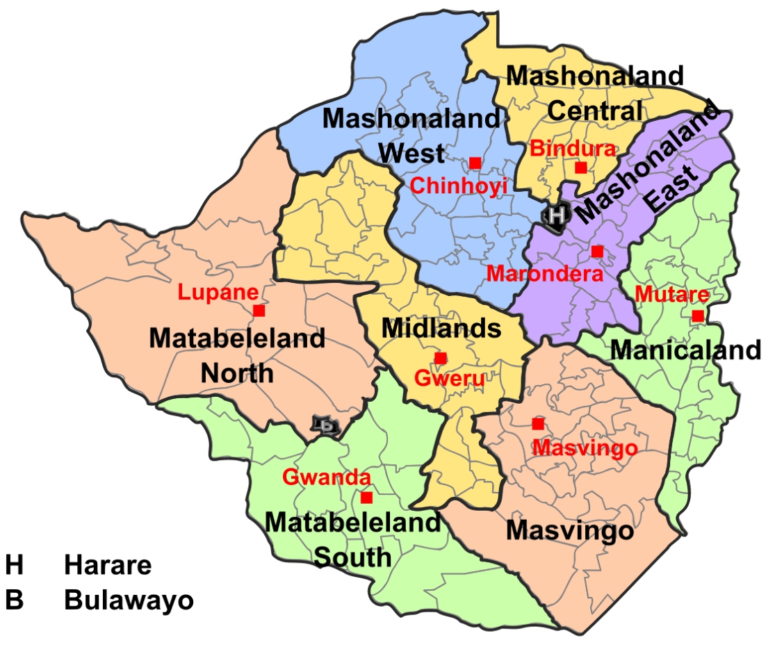 administrativ divisionen karte von simbabwe