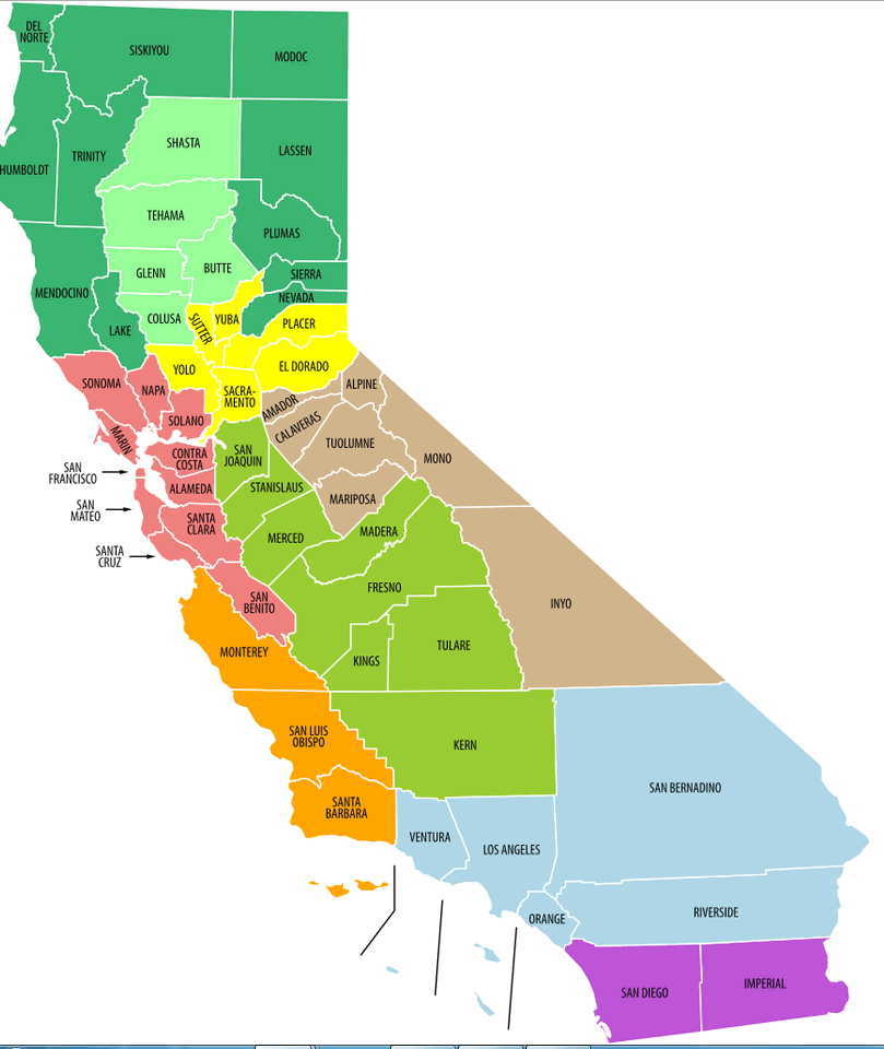 okonomisch regionen von california karte