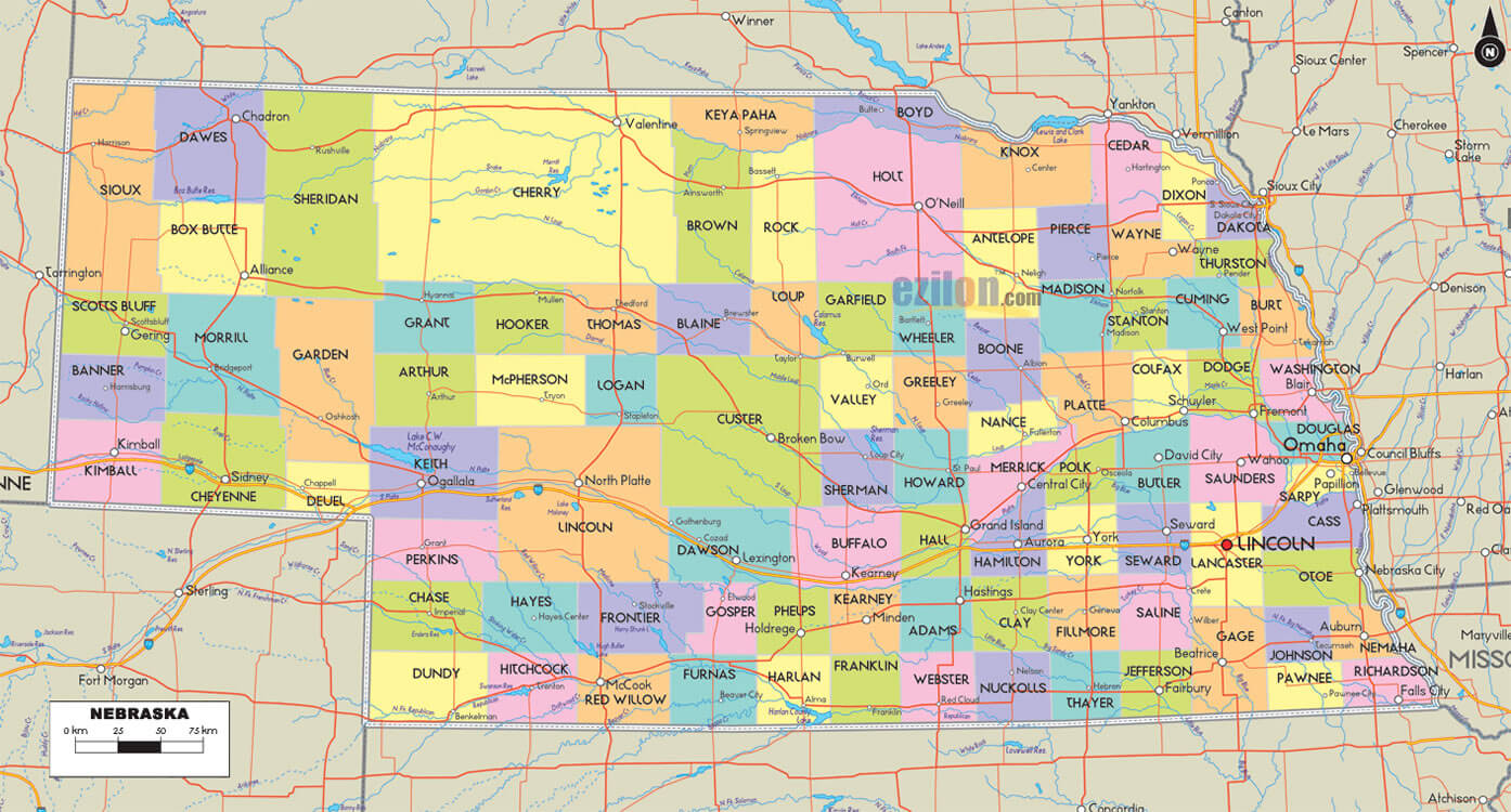 nebraska landkreise strase karte usa