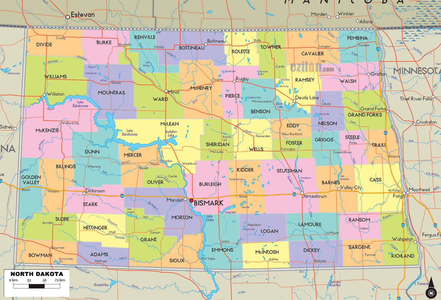 norden dakota landkreise strase karte usa