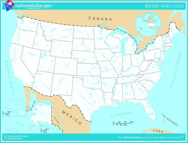 Vereinigte Staaten flusss und gesehen karte