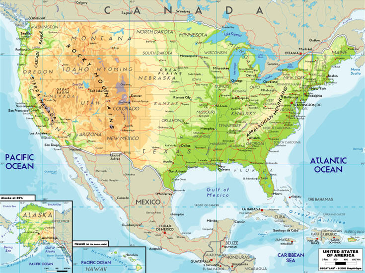 Vereinigte Staaten von amerika physikalisch karte