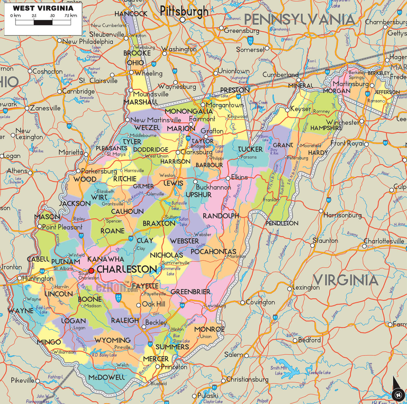 west virginia landkreise strase karte usa