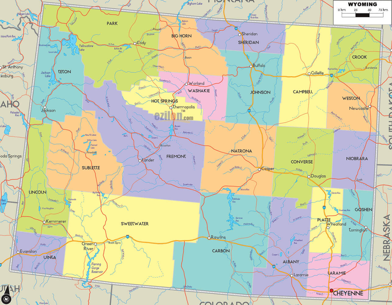 wyoming landkreise strase karte usa