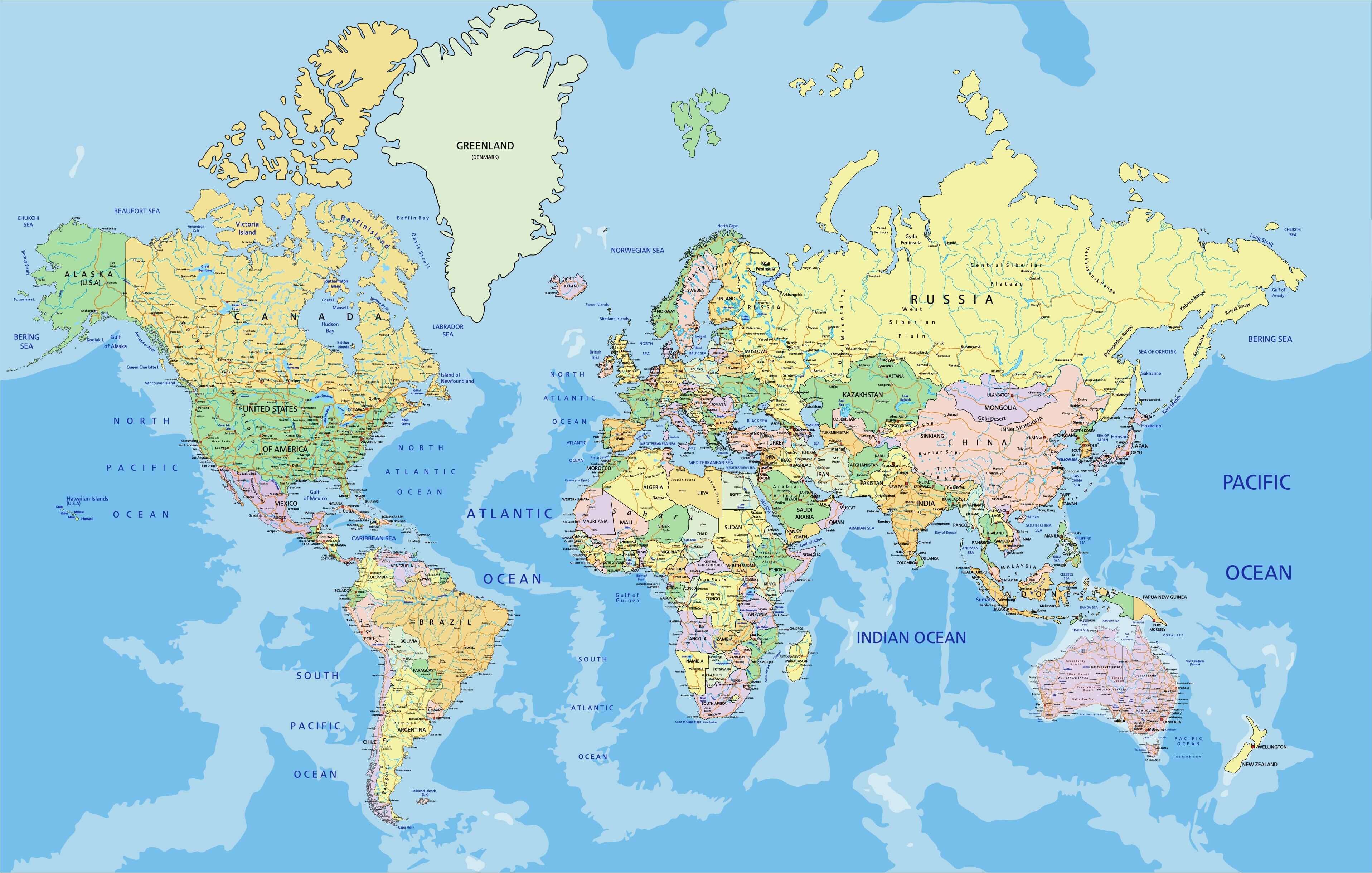 Politische weltkarte mit landern und gronland